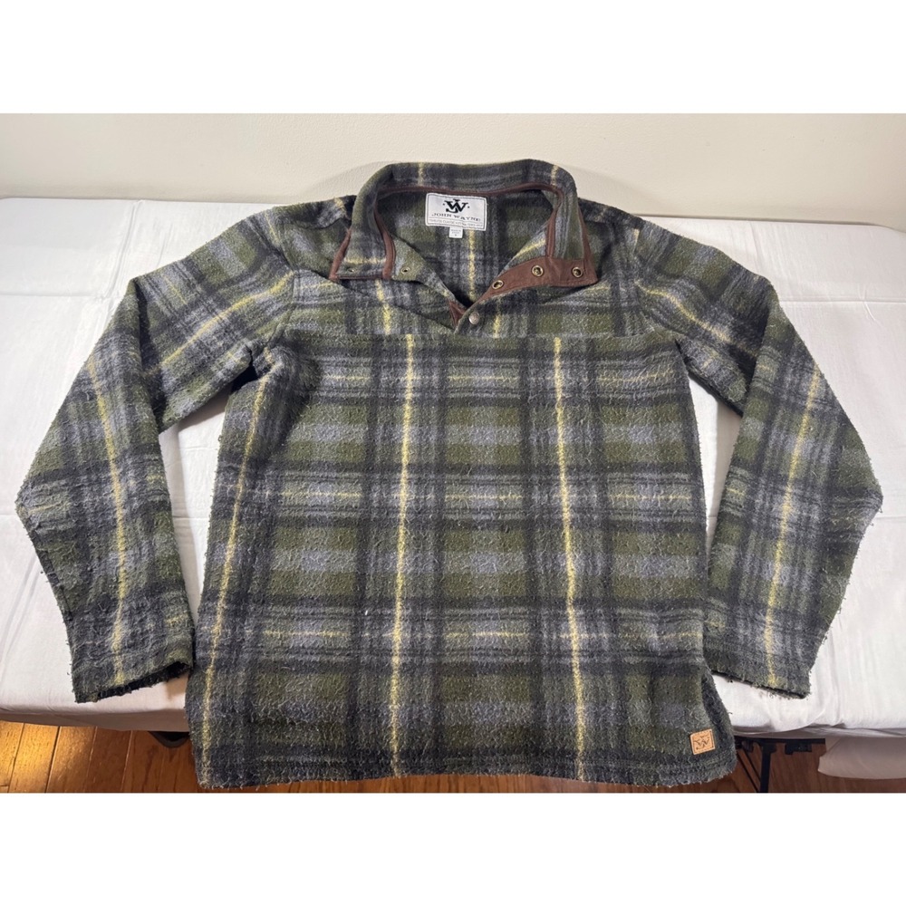 John Wayne Timeless Classic Mens Green Plaid Fleece Snap Mock Neck Pullover S